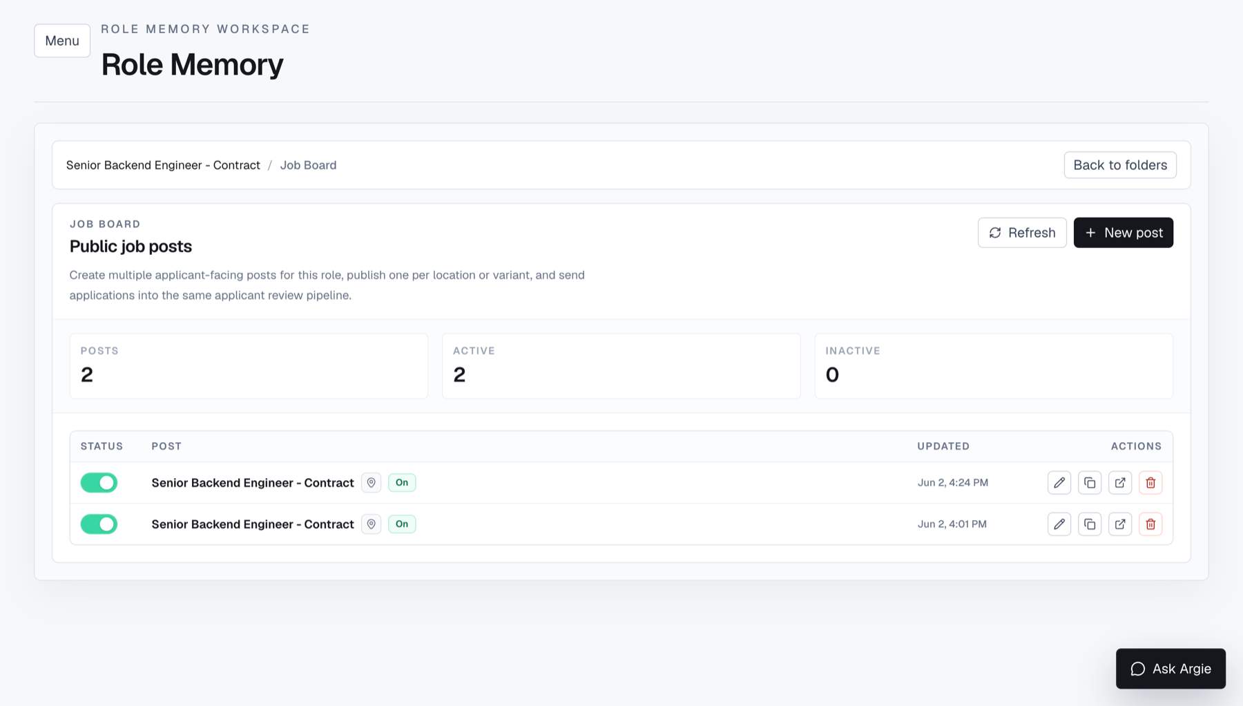 Argie public job posts page with active post controls and applicant-facing variants