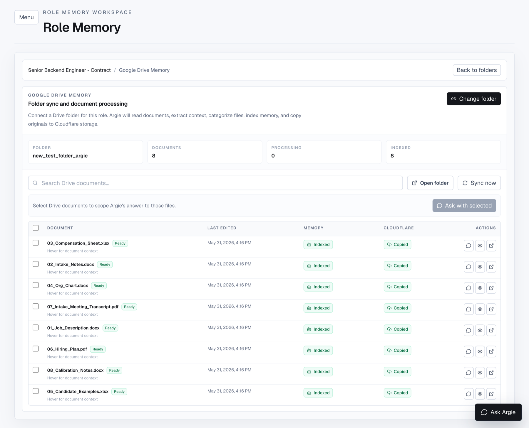 Argie Google Drive memory page showing synced and indexed role documents