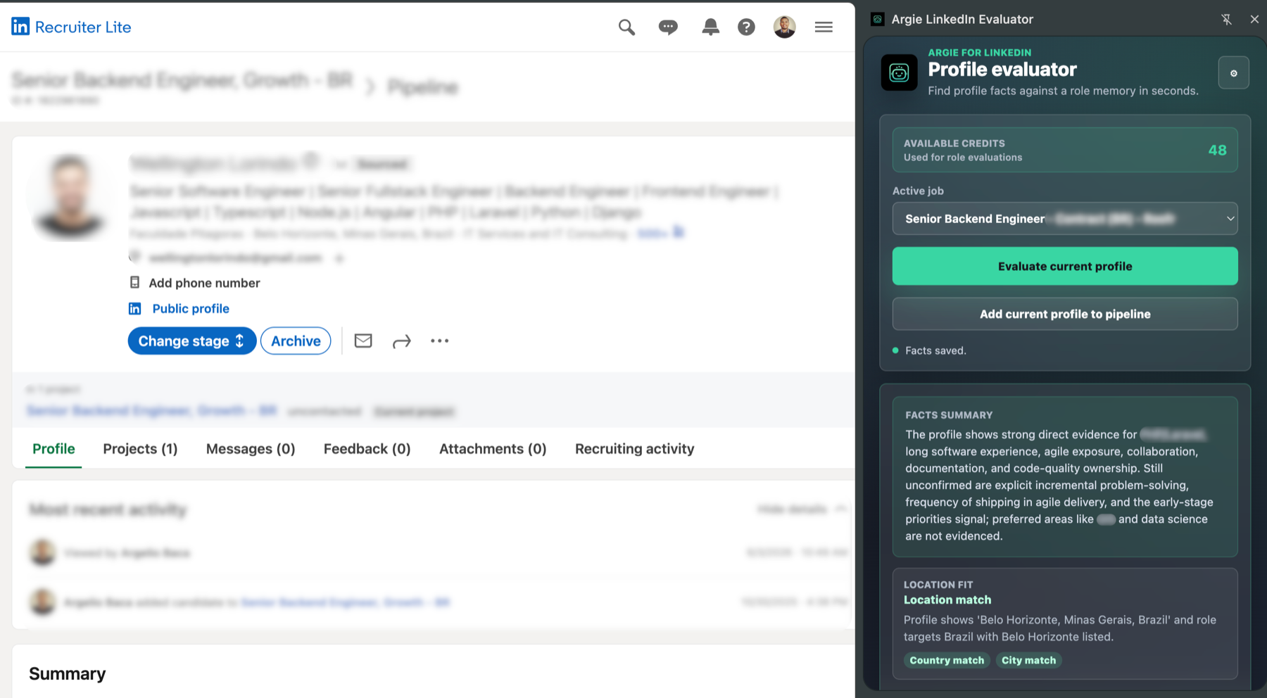 Argie LinkedIn evaluator panel comparing a profile against an active role memory