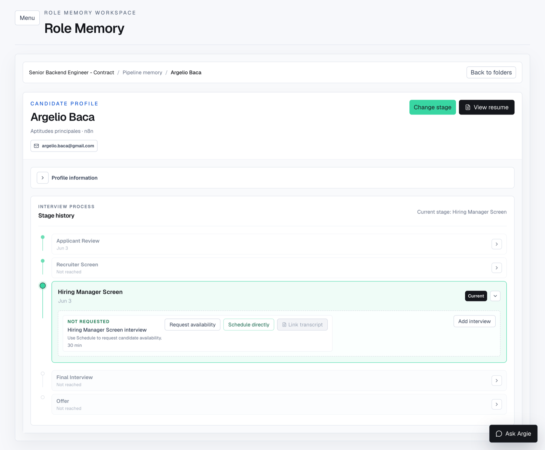 Argie candidate pipeline memory page showing profile details, stage history, interview actions, and resume access
